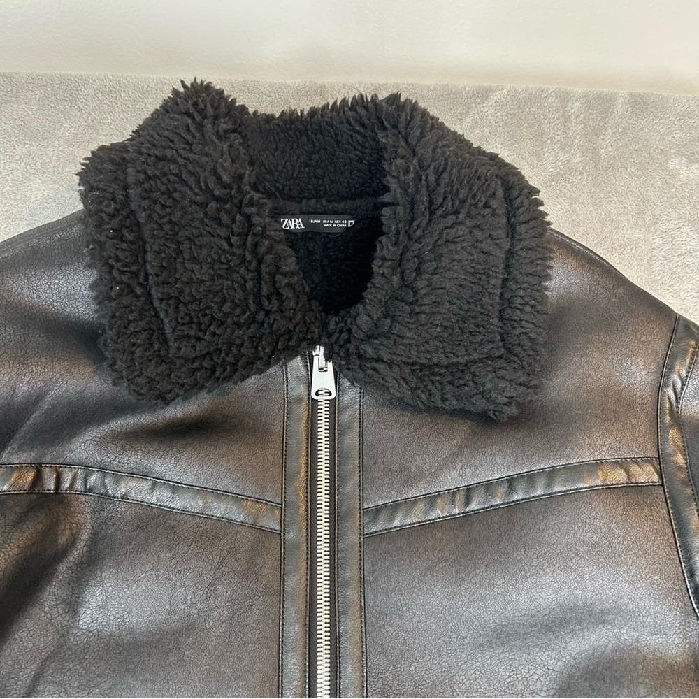 ZARA Biker Moto Jacket Coat Womens Faux Leather Fur Size M Color Black Aviator - Picture 3 of 16